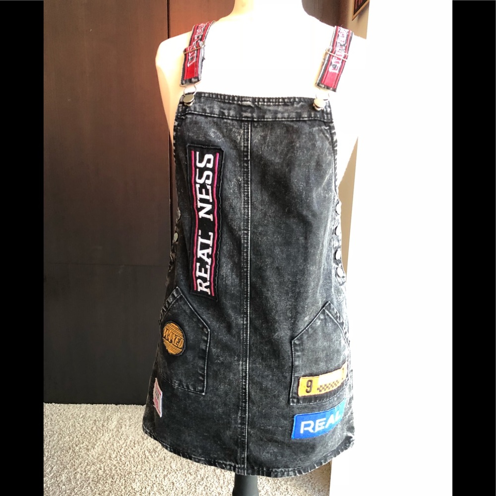 Black-wash Denim Overall Dress with Patches